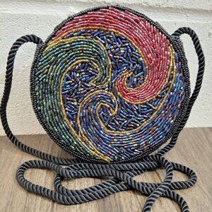 Vintage Beaded Spiral Round Crossbody Bag Iridescent Multi Color Swirl Purse